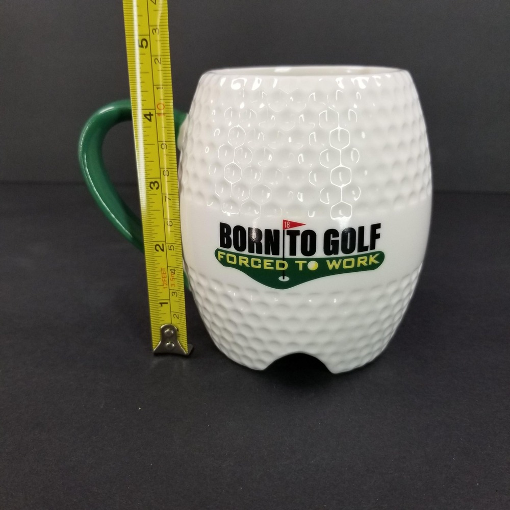 Born To Golf Forced To Work Golf Ball Shaped Ceramic Coffee Mug White Green - Picture 9 of 9